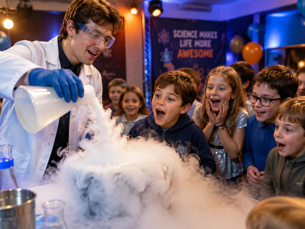 Científico realizando un experimento con humo frente a niños sorprendidos — imagen provisional